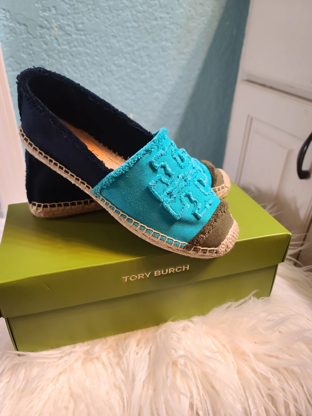 Tory Burch Turquoise and Navy Canvas Espadrille Slip-On with Embroidered Logo